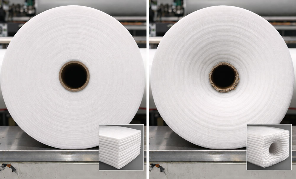 Quality comparison of hot air nonwoven rolls: a perfectly wound roll versus a collapsed roll caused by core looseness and inconsistent tension.