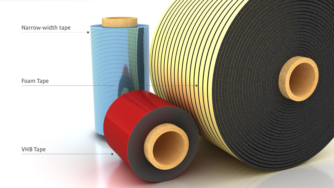 Narrow-width tape, foam tape and VHB tape rolls produced by slitting