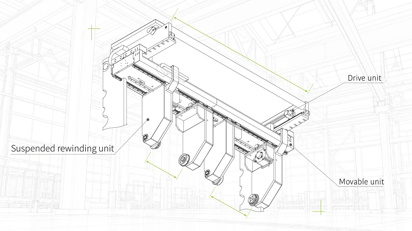 Suspended rewinding device: drive unit, movable unit and suspended rewinding units